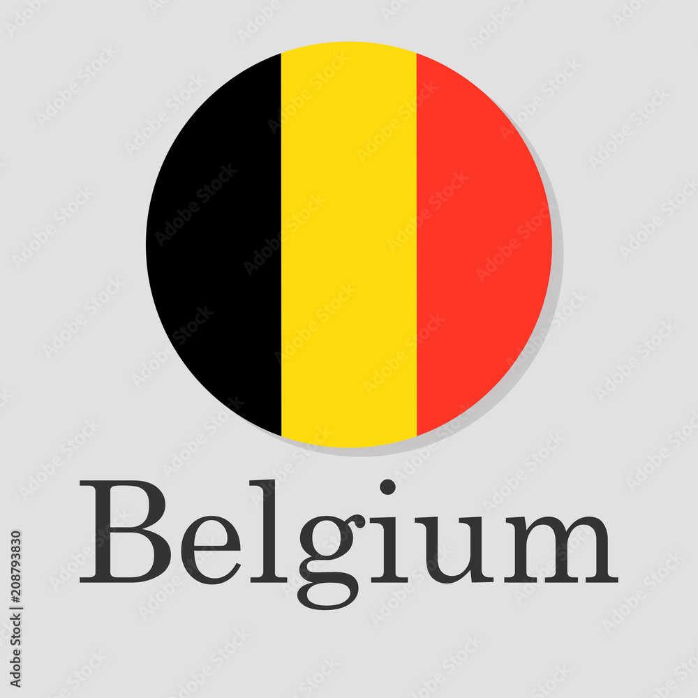 Fototapeta premium flag of Belgium in the form of a circle isolated on a gray background, the inscription