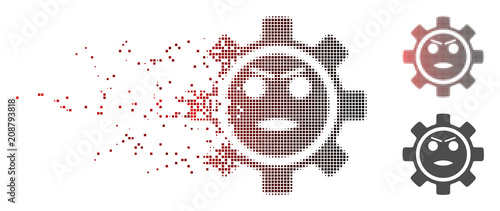 Vector gear angry smiley icon in fractured, dotted halftone with red to black horizontal gradient and undamaged entire versions. Disappearing effect involves rectangular particles.