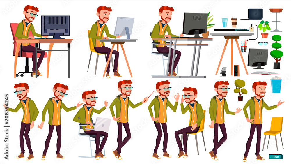 Office Worker Vector. Poses. Face Emotions, Various Gestures. Red Head, Ginger. Adult Entrepreneur Business Man. Isolated Flat Illustration Office Worker Vector. Poses. Face Emotions, Various Gestures. Red Head, Ginger. Adult Entrepreneur Business Man. Isolated Flat Illustration