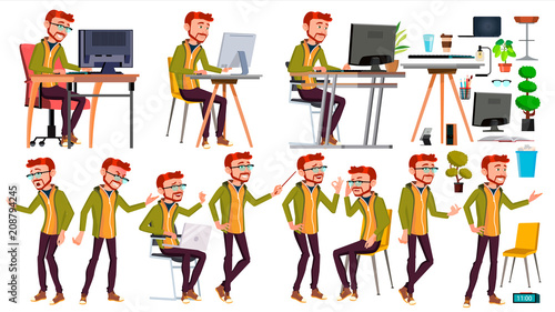 Office Worker Vector. Poses. Face Emotions, Various Gestures. Red Head, Ginger. Adult Entrepreneur Business Man. Isolated Flat Illustration