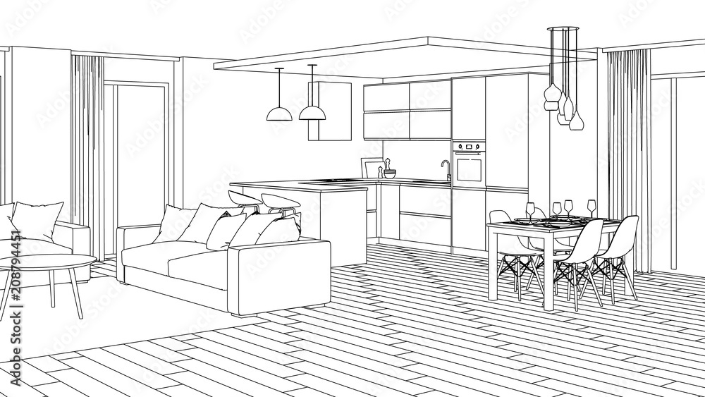 Modern house interior. Design project. Sketch. 3D rendering.