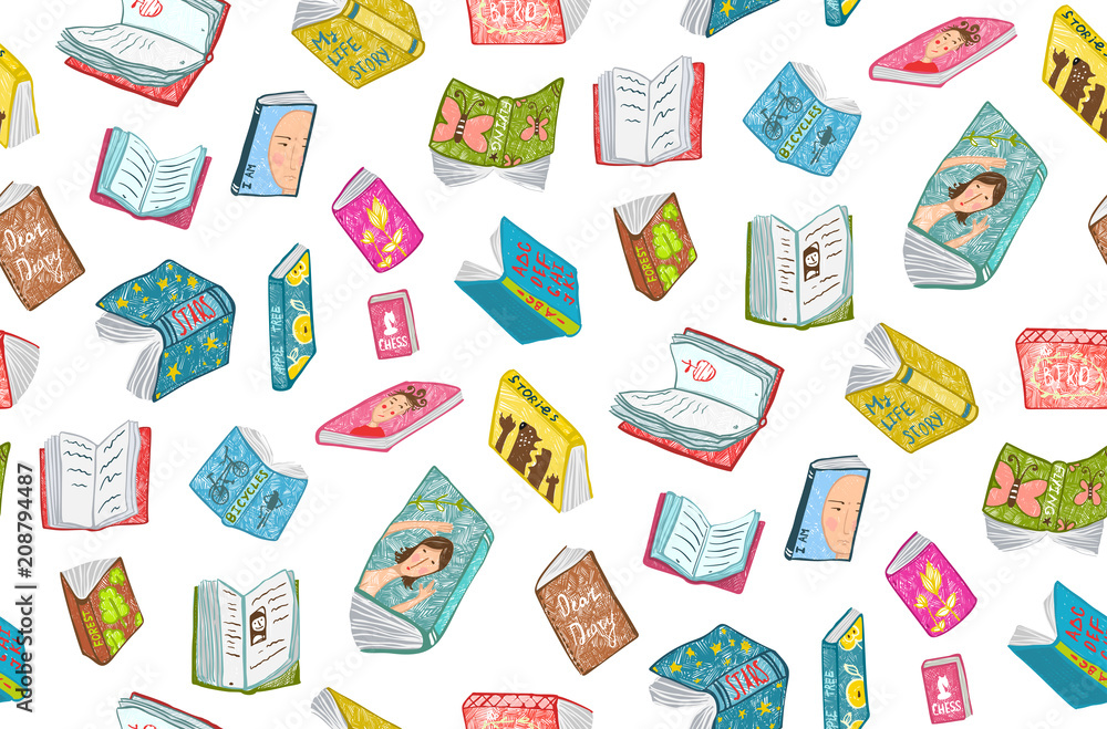 Obraz premium Colorful seamless background of hand drawn books covers illustration.