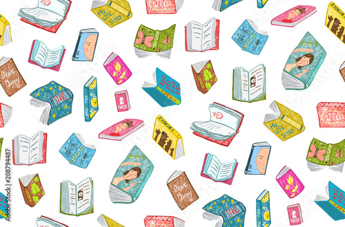 Colorful seamless background of hand drawn books covers illustration.