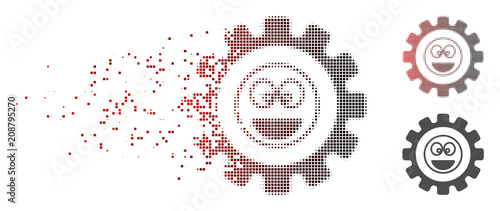 Vector options gear laugth smiley icon in dissolved, pixelated halftone with red to black horizontal gradient and undamaged entire variants. Disintegration effect uses rectangular scintillas. photo