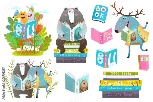 Cute forest animals friends with books studying. Vector illustration.