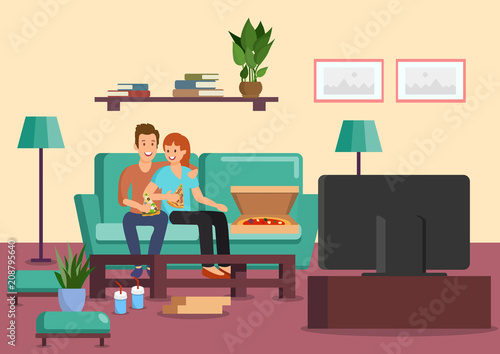 Cartoon couple eating pizza and drinking cocktails