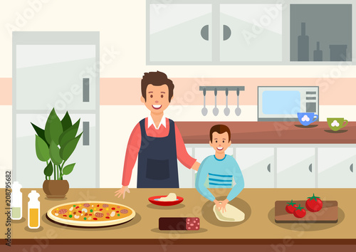 Cartoon father helps son to knead dough for pizza