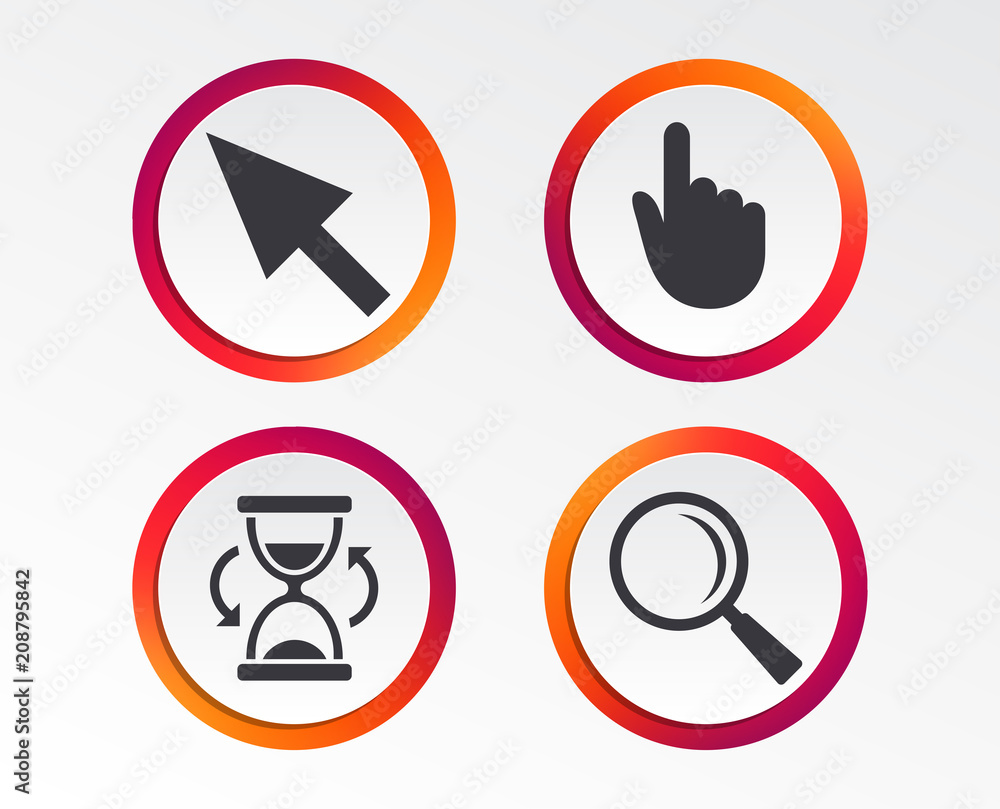 Mouse cursor and hand pointer icons. Hourglass and magnifier glass navigation sign symbols. Infographic design buttons. Circle templates. Vector Mouse cursor and hand pointer icons. Hourglass and magnifier glass navigation sign symbols. Infographic design buttons. Circle templates. Vector