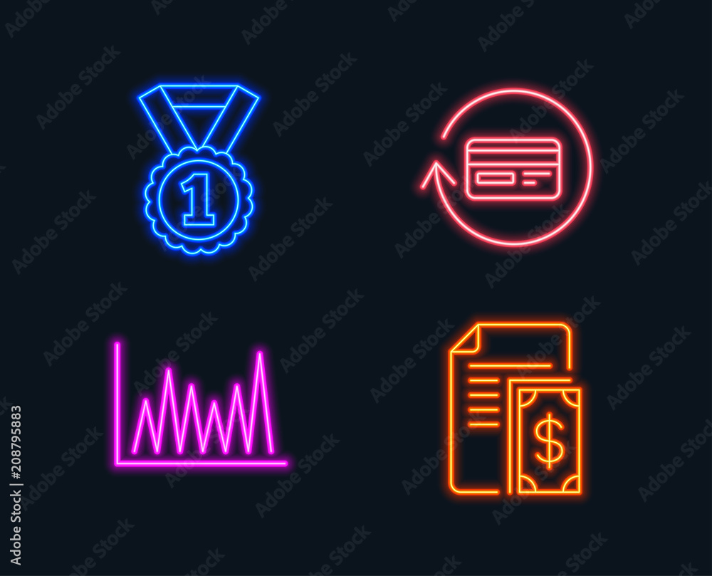 Neon lights. Set of Best rank, Line graph and Refund commission icons. Payment sign. Success medal, Market diagram, Cashback card. Cash money. Glowing graphic designs. Vector Neon lights. Set of Best rank, Line graph and Refund commission icons. Payment sign. Success medal, Market diagram, Cashback card. Cash money. Glowing graphic designs. Vector