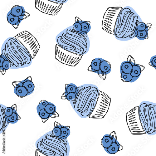 Cupcakes hand drawn seamless pattern. Cupcake with blueberries, vintage colorful food sketches. Vector illustration.