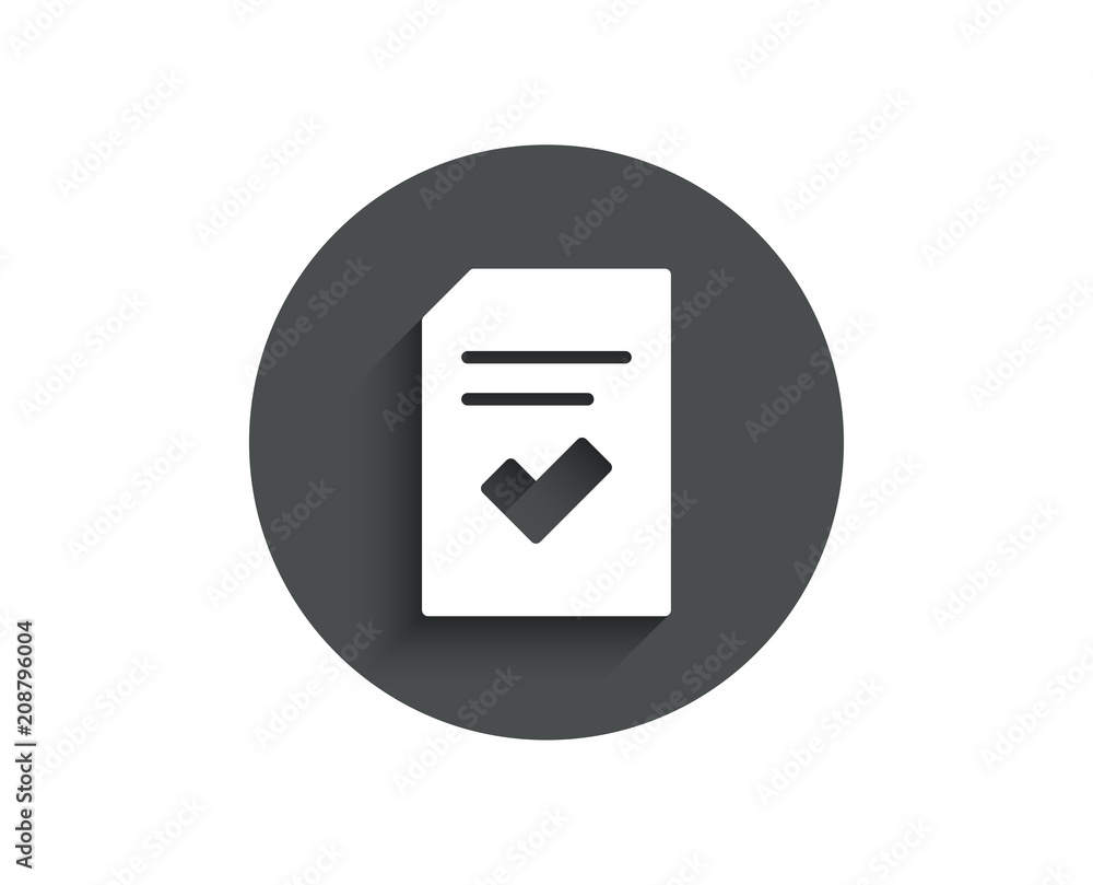 Checked Document simple icon. Information File with Check sign. Correct Paper page concept symbol. Circle flat button with shadow. Vector Checked Document simple icon. Information File with Check sign. Correct Paper page concept symbol. Circle flat button with shadow. Vector