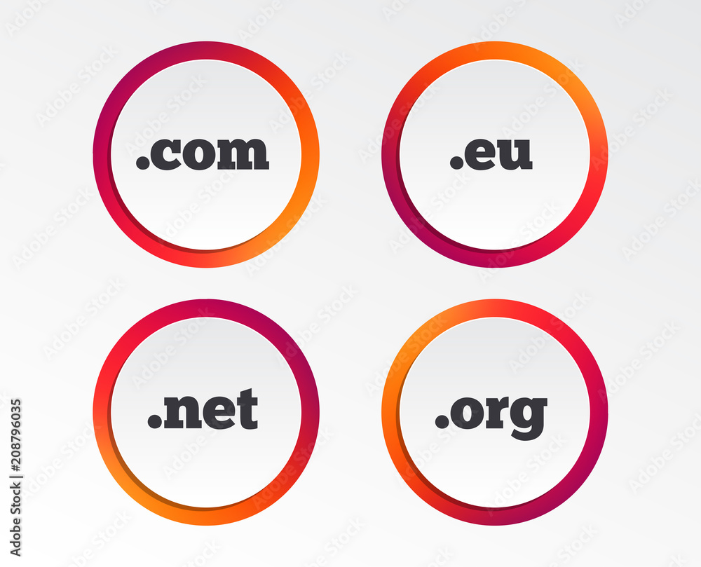 Top-level internet domain icons. Com, Eu, Net and Org symbols. Unique DNS names. Infographic design buttons. Circle templates. Vector Top-level internet domain icons. Com, Eu, Net and Org symbols. Unique DNS names. Infographic design buttons. Circle templates. Vector