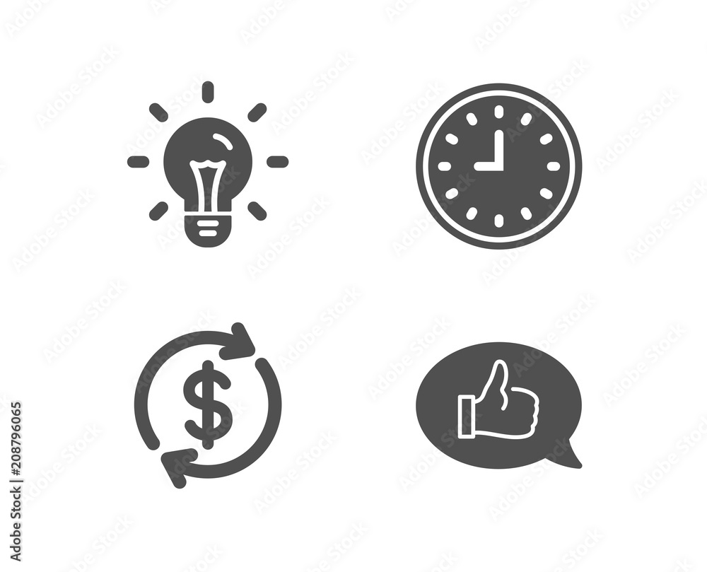 Set of Usd exchange, Idea and Clock icons. Feedback sign. Currency rate, Light bulb, Time or watch. Speech bubble. Quality design elements. Classic style. Vector Set of Usd exchange, Idea and Clock icons. Feedback sign. Currency rate, Light bulb, Time or watch. Speech bubble. Quality design elements. Classic style. Vector