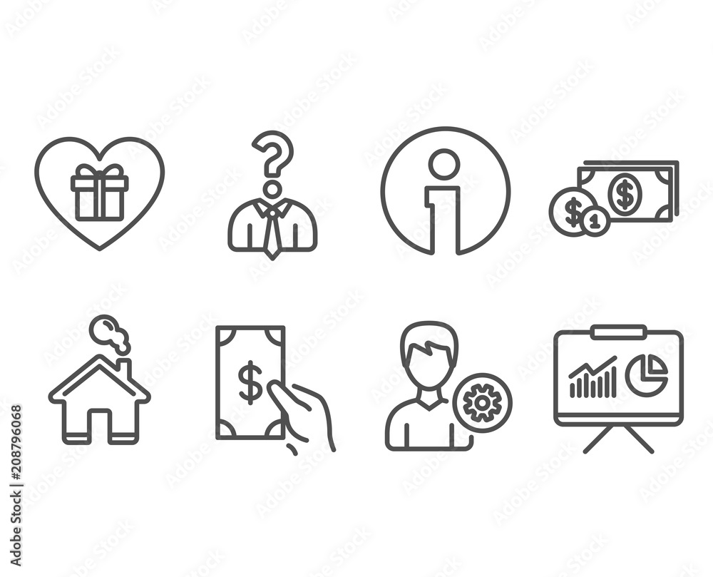 Set of Hiring employees, Dollar money and Receive money icons. Romantic gift, Support and Presentation signs. Human resources, Cash with coins, Cash payment. Surprise with love, Edit profile. Vector Set of Hiring employees, Dollar money and Receive money icons. Romantic gift, Support and Presentation signs. Human resources, Cash with coins, Cash payment. Surprise with love, Edit profile. Vector