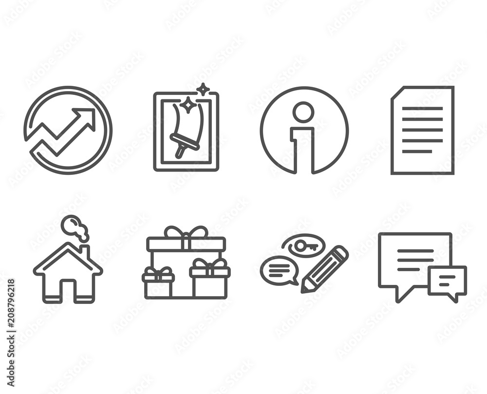 Set of Surprise boxes, Document and Audit icons. Keywords, Window cleaning and Comment signs. Holiday gifts, Information file, Arrow graph. Pencil with key, Housekeeping service, Talk bubbles. Vector Set of Surprise boxes, Document and Audit icons. Keywords, Window cleaning and Comment signs. Holiday gifts, Information file, Arrow graph. Pencil with key, Housekeeping service, Talk bubbles. Vector
