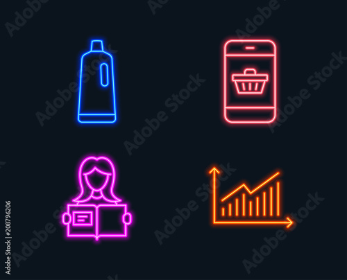 Neon lights. Set of Shampoo  Smartphone buying and Woman read icons. Graph sign. Bath cleanser  Website shopping  Girl studying. Presentation diagram.  Glowing graphic designs. Vector