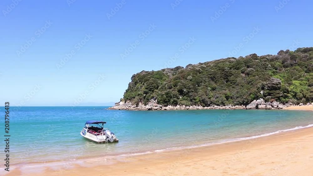 New Zealand Abel Tasman national park boat on the beach New Zealand Abel Tasman national park boat on the beach