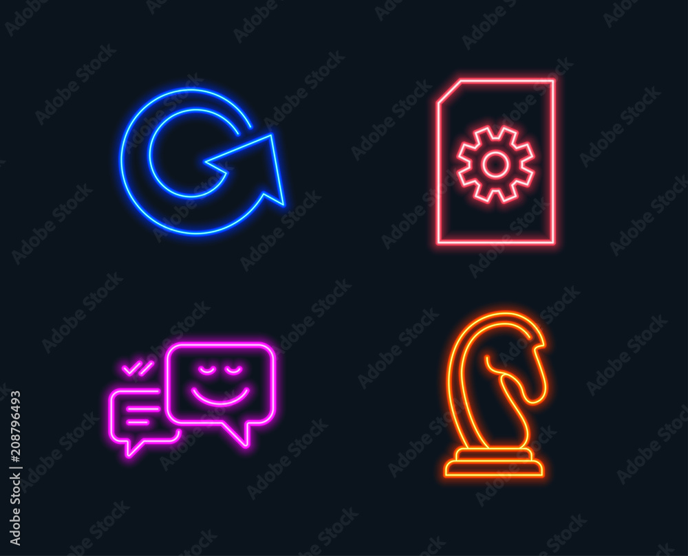 Neon lights. Set of File management, Reload and Happy emotion icons. Marketing strategy sign. Doc with cogwheel, Update, Web chat. Chess knight. Glowing graphic designs. Vector Neon lights. Set of File management, Reload and Happy emotion icons. Marketing strategy sign. Doc with cogwheel, Update, Web chat. Chess knight. Glowing graphic designs. Vector