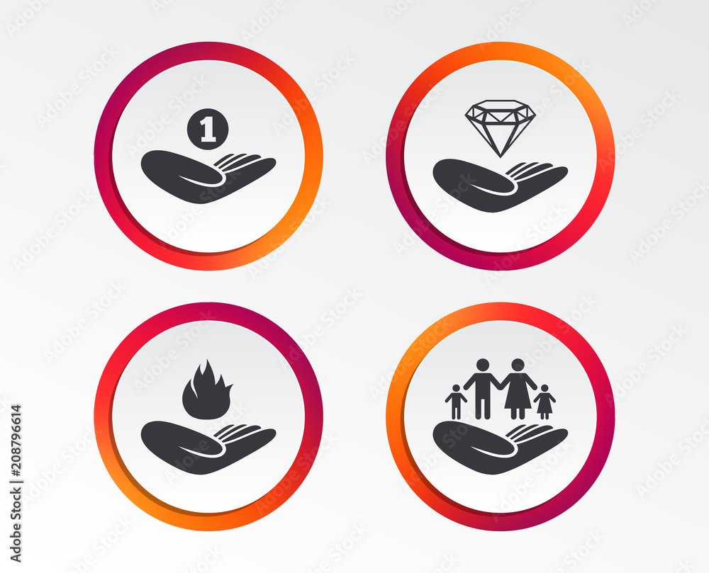 Helping hands icons. Financial money savings, family life insurance symbols. Diamond brilliant sign. Fire protection. Infographic design buttons. Circle templates. Vector