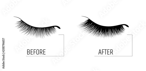 Eyelash extension. A beautiful make-up. Thick fuzzy cilia. Mascara for volume and length. Before and after the procedure. cosmetic for the growth of eyelashes
