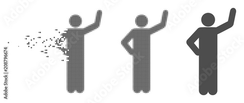 Gray vector assurance pose icon in dispersed, dotted halftone and undamaged solid versions. Disappearing effect uses rectangle dots. Pixels are grouped into dissolving assurance pose form.