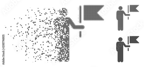 Gray vector commander with flag icon in dispersed, dotted halftone and undamaged solid variants. Disintegration effect uses square particles.