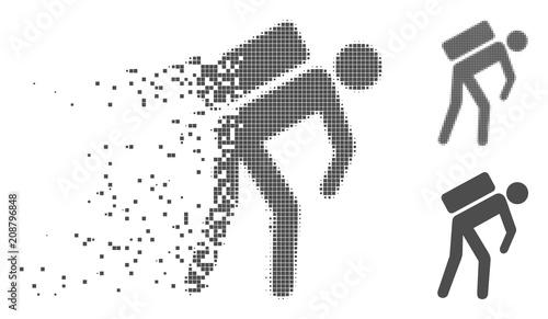 Gray vector courier icon in dissolved, dotted halftone and undamaged solid versions. Disintegration effect uses square dots. Elements are organized into dissipated courier shape.