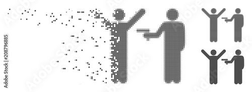 Grey vector crime robbery icon in dispersed, dotted halftone and undamaged solid versions. Disappearing effect involves square particles. Pieces are composed into dissolving crime robbery pictogram.