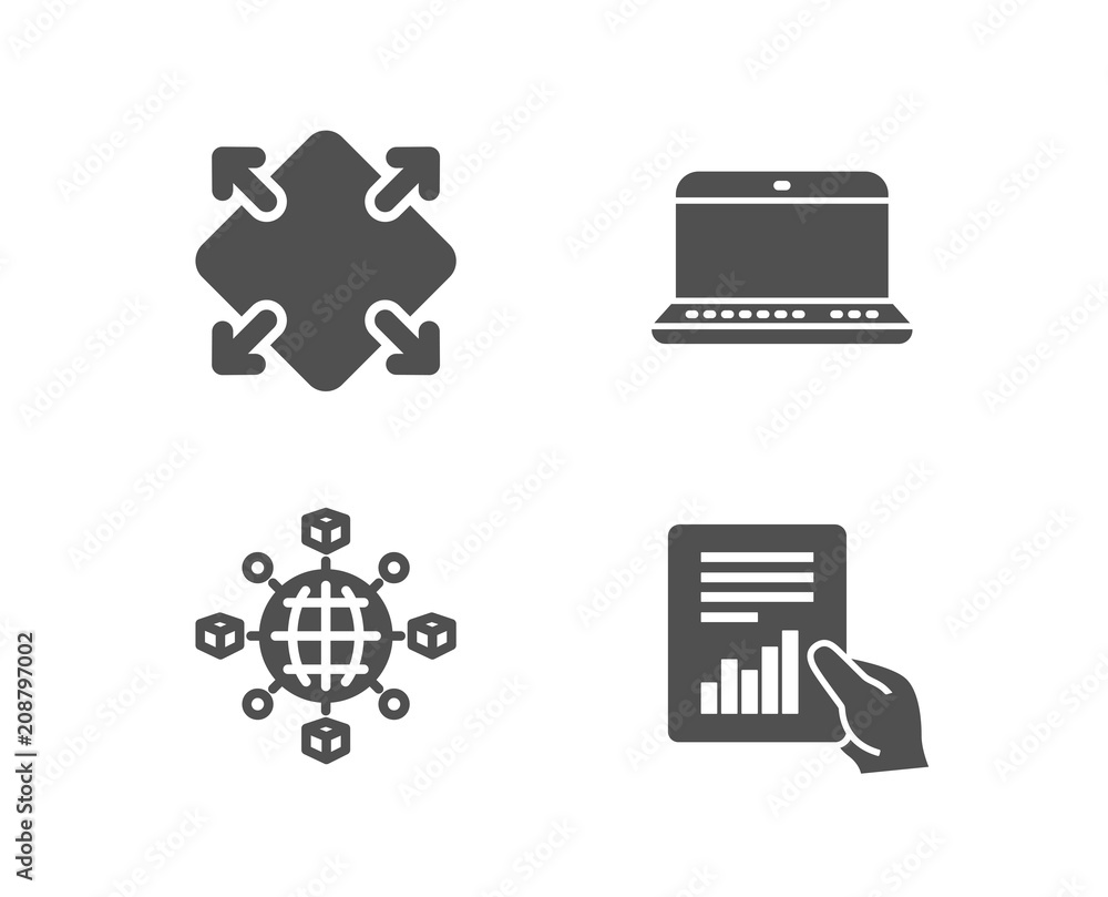 Set of Logistics network, Notebook and Maximize icons. Document sign. International tracking, Laptop computer, Full screen. File with diagram. Quality design elements. Classic style. Vector Set of Logistics network, Notebook and Maximize icons. Document sign. International tracking, Laptop computer, Full screen. File with diagram. Quality design elements. Classic style. Vector