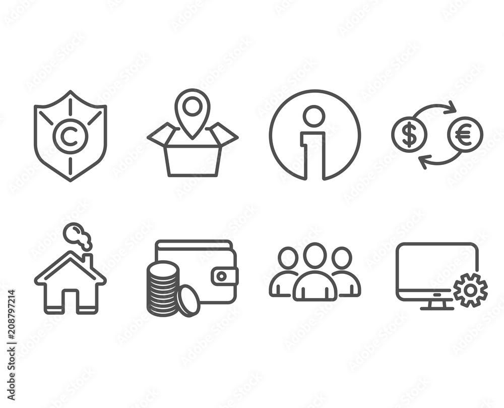 Set of Group, Currency exchange and Payment method icons. Package location, Сopyright protection and Monitor settings signs. Group of users, Banking finance, Wallet with coins. Vector Set of Group, Currency exchange and Payment method icons. Package location, Сopyright protection and Monitor settings signs. Group of users, Banking finance, Wallet with coins. Vector