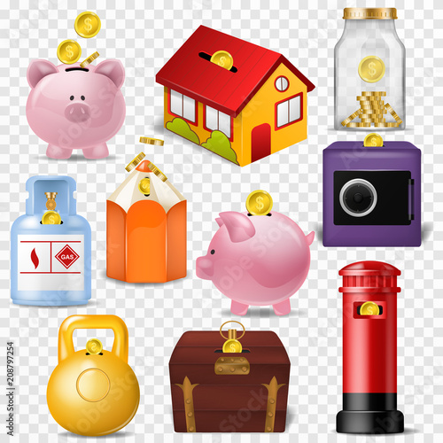 Money box vector financial bank or money-box with investment savings and coins illustration set of piggybank or moneybox with cash isolated on transparent background