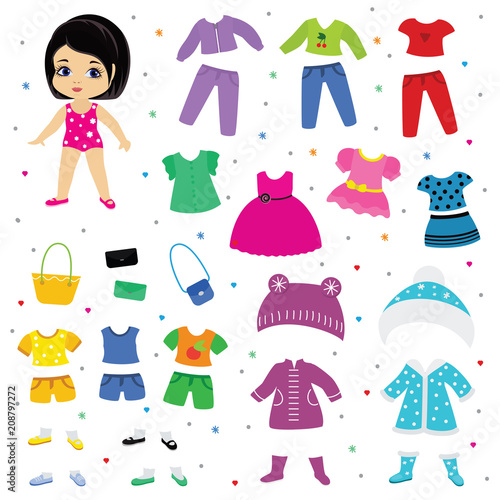 Paper doll vector dress up or clothing beautiful girl with fashion pants dresses or shoes illustration girlie set of female clothes for cutting hat or coat isolated on white background