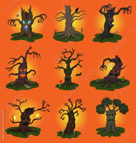 Halloween tree vector scary character treetops of horror in spooky forest illustration set of forestry wood evil monster of nightmare isolated on background