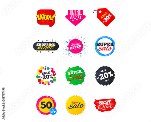Sale banners. Best offers, discounts tags. Market sale flyers or Clearance special offers. Shopping sale stars templates. Vector illustration