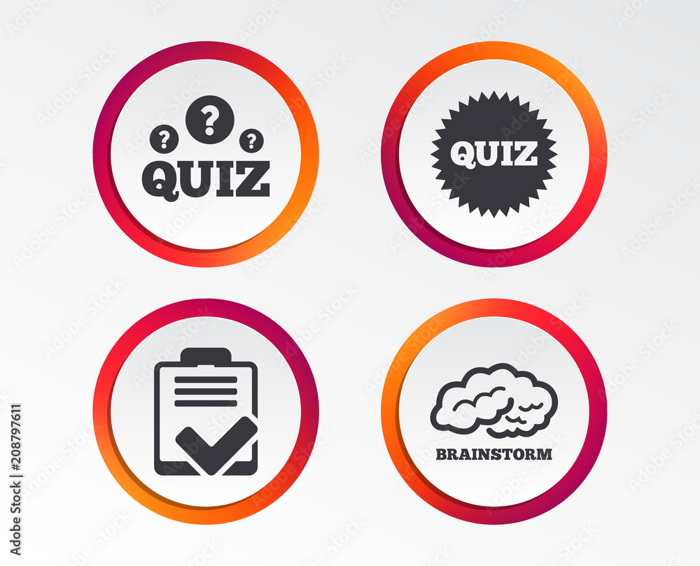 Quiz icons. Brainstorm or human think. Checklist symbol. Survey poll or questionnaire feedback form. Questions and answers game sign. Infographic design buttons. Circle templates. Vector Quiz icons. Brainstorm or human think. Checklist symbol. Survey poll or questionnaire feedback form. Questions and answers game sign. Infographic design buttons. Circle templates. Vector
