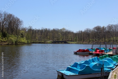 The paddle boats on the lake in the park.