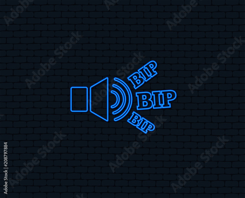 Neon light. Speaker volume icon. Sound with BIP symbol. Loud signal. Glowing graphic design. Brick wall. Vector