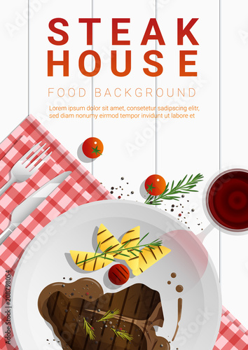 Grilled beef, t-bone steak and spices with red wine on white table background , vector , illustration