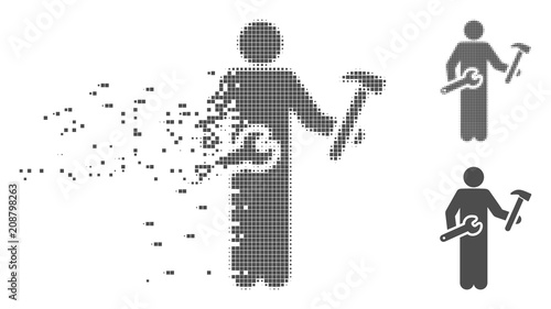 Grey vector serviceman icon in dissolved, dotted halftone and undamaged whole variants. Disappearing effect involves square dots. Particles are combined into dispersed serviceman symbol.
