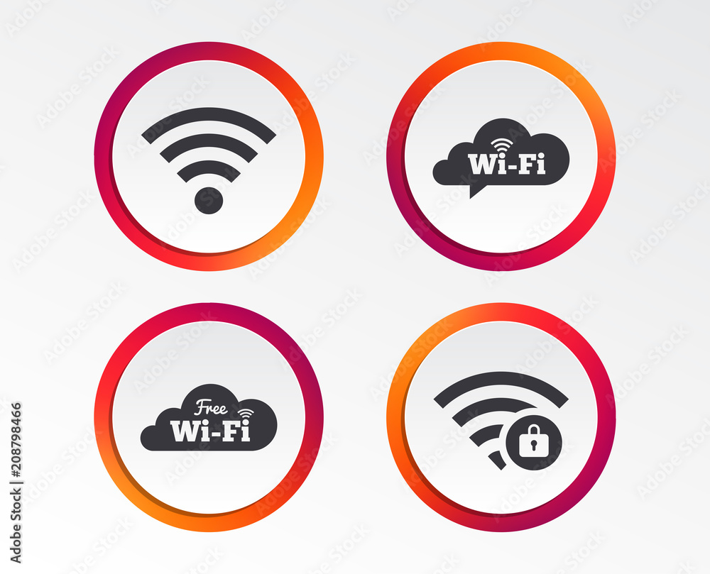 Free Wifi Wireless Network cloud speech bubble icons. Wi-fi zone locked symbols. Password protected Wi-fi sign. Infographic design buttons. Circle templates. Vector Free Wifi Wireless Network cloud speech bubble icons. Wi-fi zone locked symbols. Password protected Wi-fi sign. Infographic design buttons. Circle templates. Vector