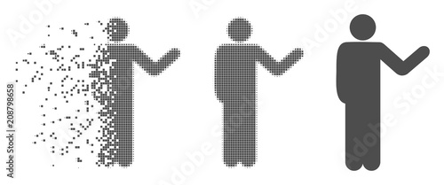 Grey vector talking man icon in fractured, pixelated halftone and undamaged whole variants. Disintegration effect involves square particles. Points are organized into disappearing talking man symbol.