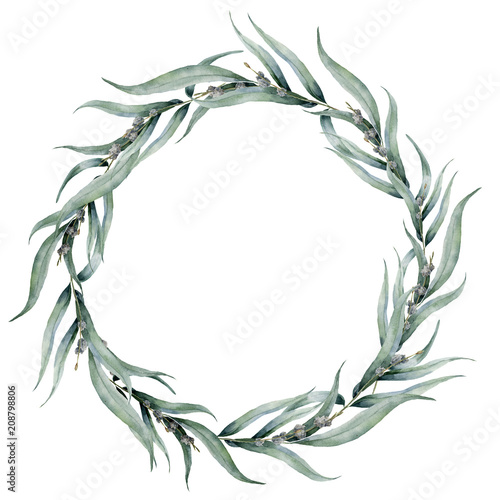 Watercolor floral wreath with eucalyptus leaves. Hand painted floral wreath with branches  leaves of eucalyptus isolated on white background. Floral illustration for design  print or background.