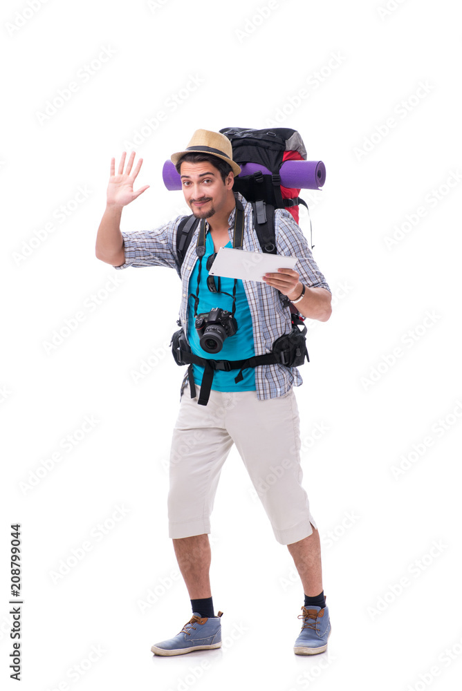 Man lost and looking for direction with map on white Man lost and looking for direction with map on white