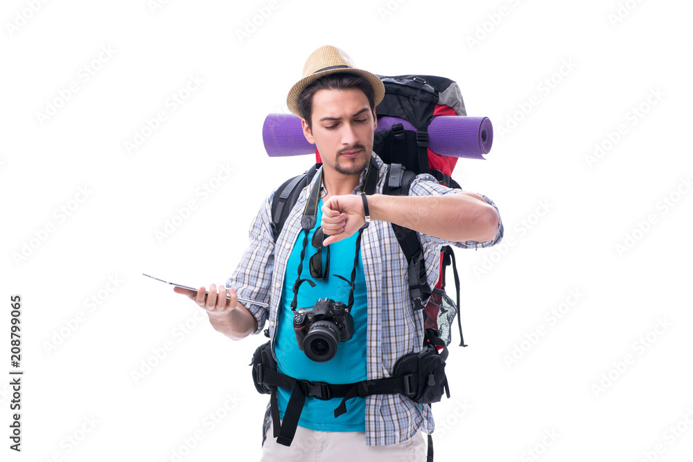 Man lost and looking for direction with map on white Man lost and looking for direction with map on white