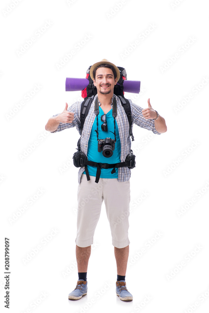 Backpacker with camera isolated on white background Backpacker with camera isolated on white background