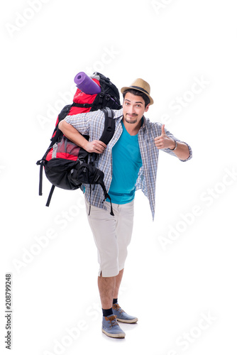 Backpacker with large backpack isolated on white © Elnur