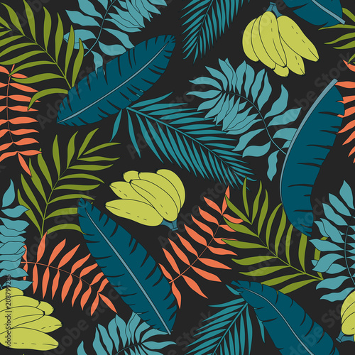 Tropical background with palm leaves and bananas. Seamless floral pattern. Summer vector illustration
