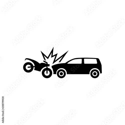 Motorcycle Hits Car. Crash. Flat Vector Icon. Simple black symbol on white background