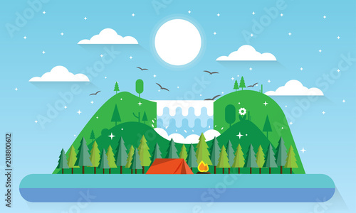 Sunny day landscape with flat design with tent, campfire, mountains, forest and waterfall. Background for summer camp, nature tourism, camping or hiking design concept
