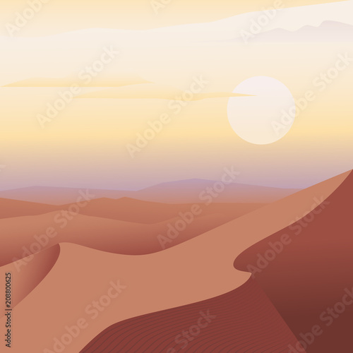 Arabian desert landscape. Sand dune and sun. Vector illustration